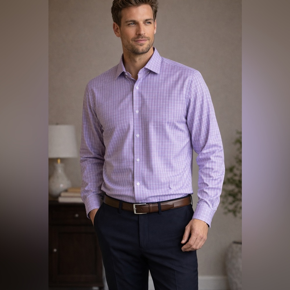 Black Brown 1826 Men's Lavender Check Dress Shirt